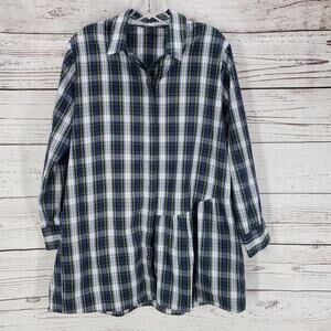 Zara Woman Blue Green Plaid Long Sleeve Button Up Shirt Size L